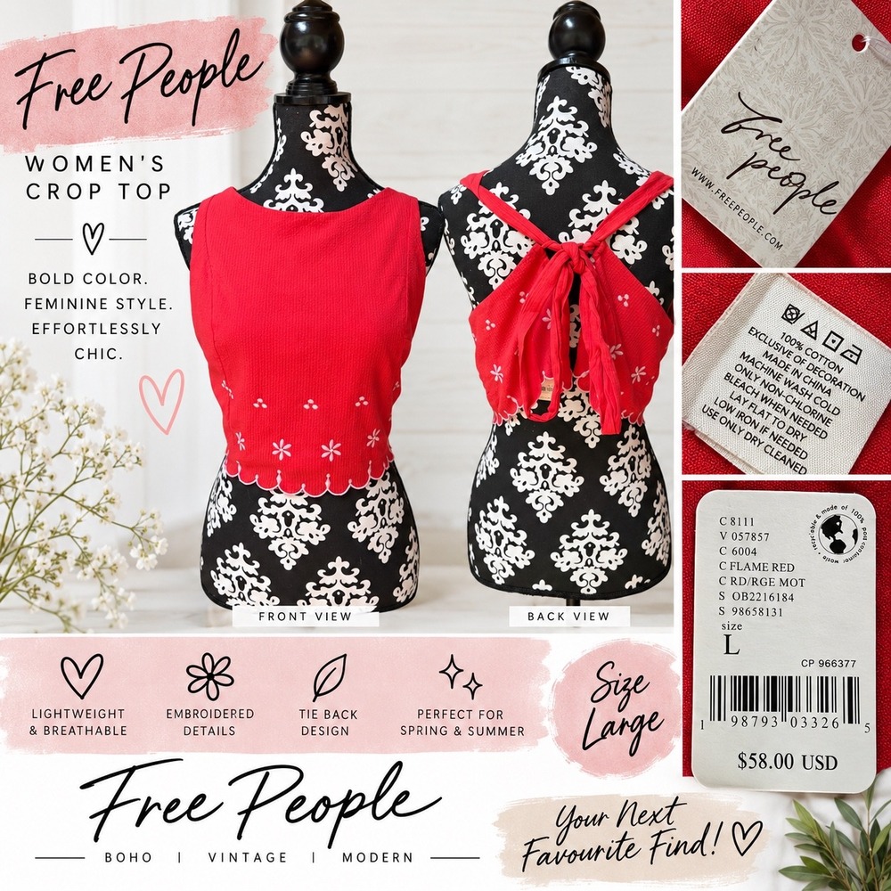 Free People Flame Red Embroidered Scallop Tie Back Crop Top Large Boho Chic